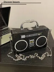 バッグ レディース ハンドルバッグ 1個 新しいスタイリッシュなラジオ型ハンドバッグ、黒色、パーティー ミュージック エレメント ボックス、ユニーク ギフト、ポータブルスピーカーデザイン、ユニセックス 女性、カップ