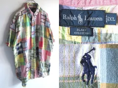 希少 90sビンテージ Ralph Lauren ラルフローレン BLAKE ロゴ刺繍 半袖 クレイジーパッチワーク BDシャツ XL マルチ 大きいサイズ USA企画