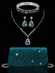Women's Dress Bag, Sequin & Rhinestone Flap Clutch Bag, Elegant Pleated Handbag for Parties, Comes with Sequin & Rhinestone Jewelry Set, Perfect for Parties, Galas, Gatherings, and More.
