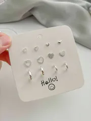 ジュエリー レディース イヤーアクセサリー セット  6個セット シルバーメッキ ミニマリスト ハート & 型スタッドピアス、女性へのギフト、バレンタインデーのお母さんやガールフレンドへのプレゼント