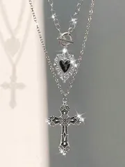 ジュエリー レディース ネックレス ヴィンテージ ゴシック調 ダークハート&クロス ペンダントネックレスピアスセット2個組、パンクゴシックスタイル、レディース、Y2Kジュエリーアクセサリー バレンタイン