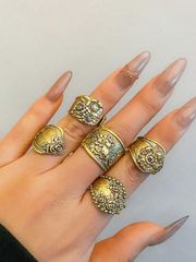 Women's Ring Set of 5: Vintage Handcrafted Floral Silver Rings, Adjustable, Personalized Rings, Fashion Flower & Rose Jewelry Set, Bohemian Style for Ladies