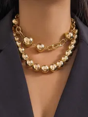 ジュエリー レディース ネックレス セット ファッショナブルでエレガントな女性用アシンメトリーフェイクパールビーズネックレスセット2個セット。キャットウォークドレスやフォーマルパーティーに最適。ホリデーシーズンの彼