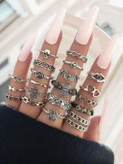 リング レディース セット 20個セット ヴィンテージ コウモリ、蝶、スカル、花、ハート チェーン 天然石 ハンドメイド ビーズ ノックルリング セット、女性のパーティーギフト