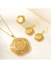 Ladies' Jewelry Set: 22K Champagne Gold Plated. This 3-piece ladies' jewelry set includes a necklace, pendant, earrings, and ring. New 2024 Gold Party Jewelry, Rose Laser Pattern.