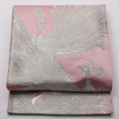 特価！振袖用 袋帯 帯丈414cm 正絹 六通 孔雀 ピンク系 銀系 1243-01351