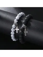 ジュエリー メンズ ブレスレット セット 1セット 2個 ストリートスタイルデザイン ホワイトターコイズ&溶岩石ビーズ 宇宙飛行士&中空クロスドロップ オイルコントラストカラーブレスレットキット カップルやフェステ