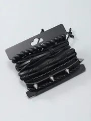 ジュエリー メンズ ブレスレット セット リベットブレスレット パンク風 ブラック レザー 4個セット