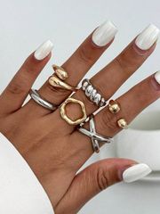 Women's Ring Set: Vintage Fashionable Geometric Asymmetrical Abstract Design Adjustable Gold & Silver Ring Jewelry Set (6 pieces), Perfect for Various Occasions