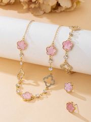 Ladies' Jewelry Set: 1 Romantic, Delicate, Luxurious, Elegant, Sweet, and Lucky Diamond Inlay Hollow Clover Pendant Necklace (4 & 5 pieces), 1 Bracelet, 1 Pair of Earrings.