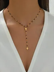 ジュエリー レディース ネックレス 1個 18Kゴールドメッキ オイルドロップ 字型クロス タッセル ステンレススチールネックレス、女性の日常着や贈り物に適しています