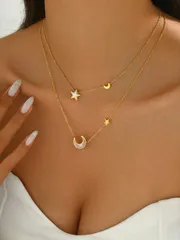 ジュエリー レディース ネックレス 18Kゴールドメッキ 二重層 紫アワビ 星&月 ステンレススチールネックレス 1個、日常着用とギフトに適しています
