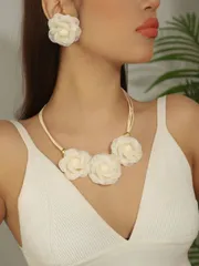 ジュエリー レディース セット 3個セット ハンドメイド フローラルビブネックレス&ピアスセット、フレッシュでキュートな上品なボヘミアンヴィンテージクラシックな ドーパミンフローラルネックピース&ピアスジュエリーセ