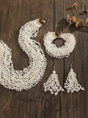 Ladies' Jewelry Set: Handmade Crochet Bead Jewelry Set, Bohemian Style Bead Jewelry Set, Vintage Solid Red, White, and Green Color Bracelet, Necklace, and Earrings