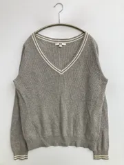 UNIQLO ユニクロ ニット/セーター L グレー コットン カシミヤ 無地 ライン柄 長袖 ミドル丈 Vネック