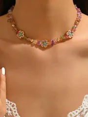 ジュエリー レディース ネックレス 1個 ホリデー 海洋モチーフ カラフルな石ビーズ ハンドメイド ネックレス メタルアロイ フラワーペンダント付き、女性の日常的、ビーチパーティー、旅行に最適なファッションアクセサ
