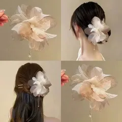 ヘアアクセサリー レディース フラワー ヘアクリップ シフォン オーガンジー 花 髪飾り バンスクリップ ヘアピン まとめ髪 大きめ 上品 フェミニン 大人可愛い 高見え ふんわり 韓国風 浴衣 和装 結婚式 成人式 デート ギフト対応 高級感BOX包装