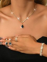 Ladies' Jewelry Set of 5 - Luxury Classic Waterdrop Pendant Jewelry Set, Including Earrings, Necklace, Bracelet, and Ring - Perfect for Weddings, Parties, Holiday Gifts, and More.