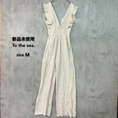 新品未使用 To the sea トゥーザシー M アイボリー 4020106025 コットンリネンタッチラッフルシャーリングロンパース オールインワン サロペット Vネック フリル ワイドパンツ 麻混 リゾート ビーチ 海 旅行 タグ付き ★ ■◆のサムネイル