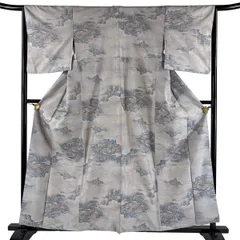 紬 身丈159cm 裄丈65cm M 袷 建物 雲文 灰色 正絹 優品 【中古】