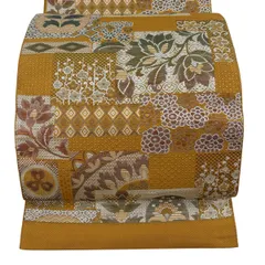 名古屋帯 優品 関西仕立て 草花 菱 金糸 箔 山吹色 正絹 【中古】