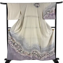訪問着 身丈160.5cm 裄丈66.5cm M 袷 翠山工房 落款 鳥 辻が花 染め分け ぼかし 灰紫 正絹 名品 一つ紋 【中古】のサムネイル
