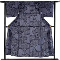 【美品】 浴衣 身丈151cm 裄丈64cm M 絞り浴衣 葉柄 垣根 濃紺 綿 名品 【中古】