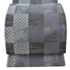 【美品】 袋帯 名品 変わり市松 幾何学模様 銀通し 灰色 六通 正絹 【中古】