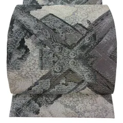 【美品】 袋帯 逸品 佐波理 落款 佐波理綴 幾何学模様 箔 黒灰 六通 正絹 【中古】のサムネイル