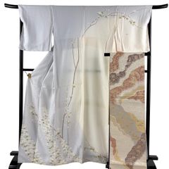 紬 身丈162cm 裄丈63cm S 袷 縦縞模様 幾何学模様 青灰色 正絹 秀品