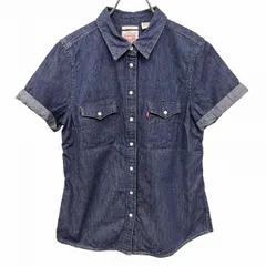 【中古】[印象AB] LEVI'S リーバイス ウエスタンデニムシャツ 古着 ショートスリーブ 両胸フラップポケット ドットボタン留め 無地 レギュラーカラー 半袖 スリランカ製 綿100% コットン100% S ブルー 青 レディース