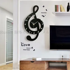 掛け時計 音符 ユニーク 静音 アナログ おしゃれ オシャレ かわいい インテリア アート ウォール クロック 壁掛け プレゼント 黒 ブラックのサムネイル