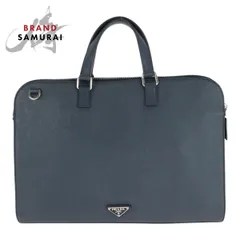PRADA プラダ サフィアーノ 三角ロゴプレート ネイビー シルバー金具 レザー ビジネスバッグ ハンドバッグ メンズ 505192【中古】