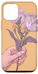 iPhone 13 Pro 여성의 손에 귀여운 프리지아 꽃 스마트 폰 케이스
