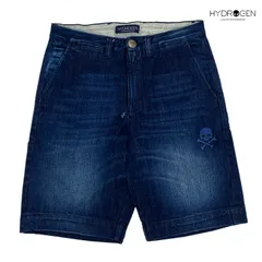ハイドロゲン ショートパンツ HYDROGEN 150413 DARK DENIM 難有り クロスボーン スカル刺繍入り メンズ デニム ショート パンツ ハーフパンツ バミューダ パンツ メンズ29インチサイズのサムネイル
