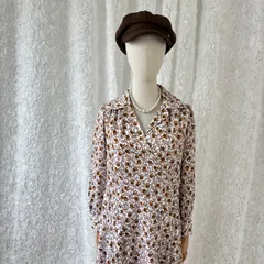 レトロ総柄ロングワンピース ブラウン アイボリー 長袖 開襟 カシュクール風 ヴィンテージ 花柄風
