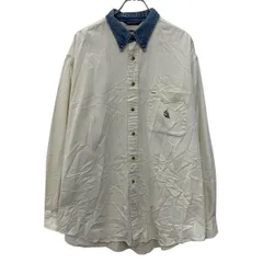 USA製 nautica 長袖 無地シャツ XL ホワイト ブルー ノーティカ 襟デニム ワンポイント刺繍 胸ポケット ボタンダウン 春物 a805-5487のサムネイル