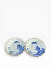 手描き 染付 なます皿 煮物皿 取り皿 アンティーク 和食器 明治 大正 呉須 藍 (二客揃)