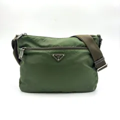 PRADA 三角ロゴプレート レザー×ナイロン カーキグリーン ショルダーバッグ シルバー