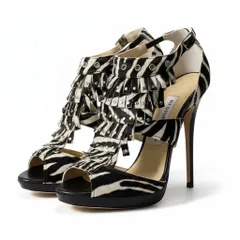 e13 JIMMY CHOO ジミーチュウ オープントゥ ヒールパンプス ハラコ ゼブラ柄 スタッズ ハイヒール 36 1/2 ブラック ホワイト レディース 女性用k02i