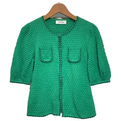 【中古】　pierre cardin　カーディガン　サマーニット　ジャケット　ノーカラー　フロントホック　シャーリング加工　ストレッチ　無地　日本製　古着　/1905のサムネイル