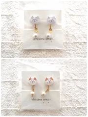 プラ板猫ちゃんのイヤリング　ねこイヤリング　グレーはちわれ　茶はちわれ