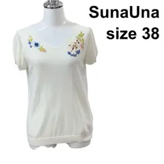 ◇ スーナウーナ SunaUna ニットカットソー Vネック フレンチスリーブ 花柄刺繍 プルオーバートップス 白 綿混 38 M 9号 レディース Z6C115のサムネイル
