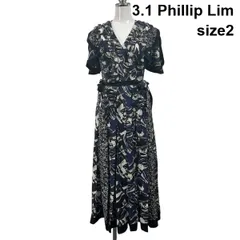 □ スリーワンフィリップリム 3.1 Phillip Lim ワンピース ミディドレス 半袖 フレア 総柄 シアー ネイビー 絹 2 M 9号 レディース S6E142のサムネイル