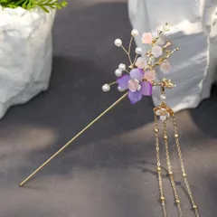 レトロスタイル 一本簪 パール象眼 タッセル付き 和風髪飾り  ロングヘア向け 普段使い 和装に最適  c-290