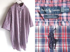 希少 90sビンテージ Ralph Lauren ラルフローレン BLAKE ポロポニーロゴ刺繍 半袖 チェックシャツ BDシャツ XL 赤 紺 白 RN41381 USA企画