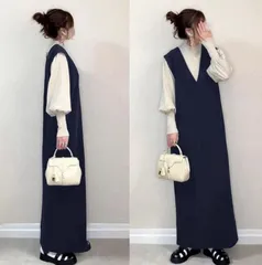 ロングワンピース   未使用 Vネック ワンピース   レディース ワンピ マキシ ロング ロングワンピ タンクトップ ノースリーブ タック コットン バンドカラー Aライン 体型カバー 