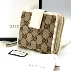 【余白まで、美しく】　GUCCI　二つ折り財布 GGキャンバス ラウンドファスナー コンパクトウォレット レザー切替　アイボリー ベージュ