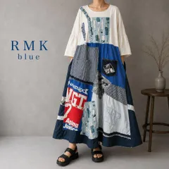 ＲＭＫ Casual blue｜春夏　古着リメイクワンピース｜Ｌ｜ラムネ柄　コラージュスカート|ゆったり・二の腕カバー｜ボリューム袖