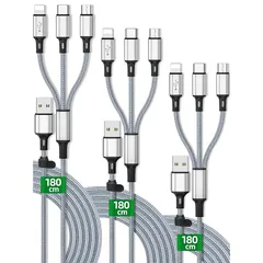 【3本セット】3in1 充電ケーブル 1.8m、急速充電 マルチ対応 iPhone／Micro USB／Type-C／Lightning、スマホ タブレット 同時充電 断線しにくい 頑丈 3A 1